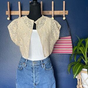 1950s Vintage Pink Butterfly Beaded Lace Cropped Jacket - Small